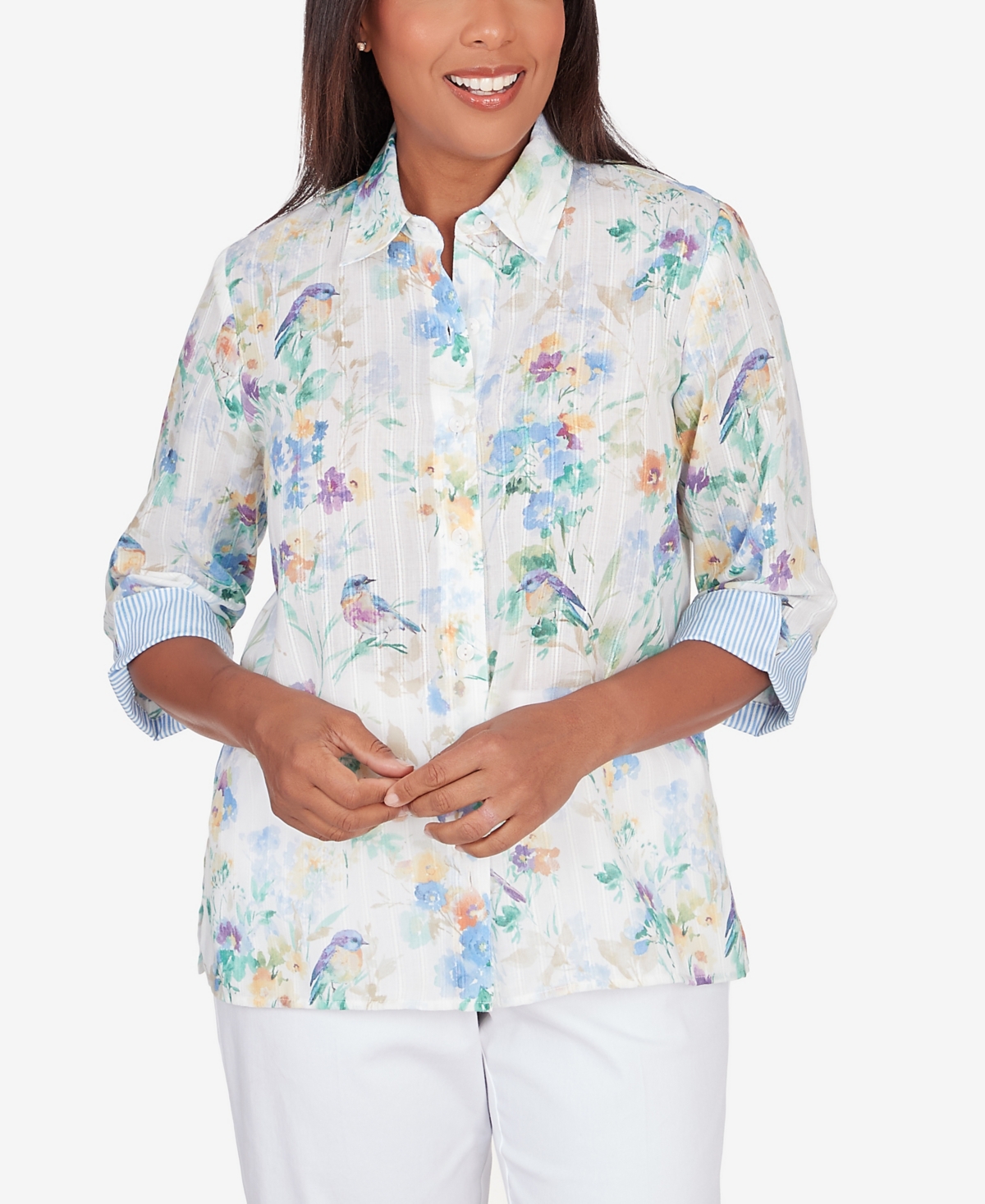 ALFRED DUNNER PETITE CLASSIC PASTELS PAINTED BIRDS BUTTON DOWN TOP