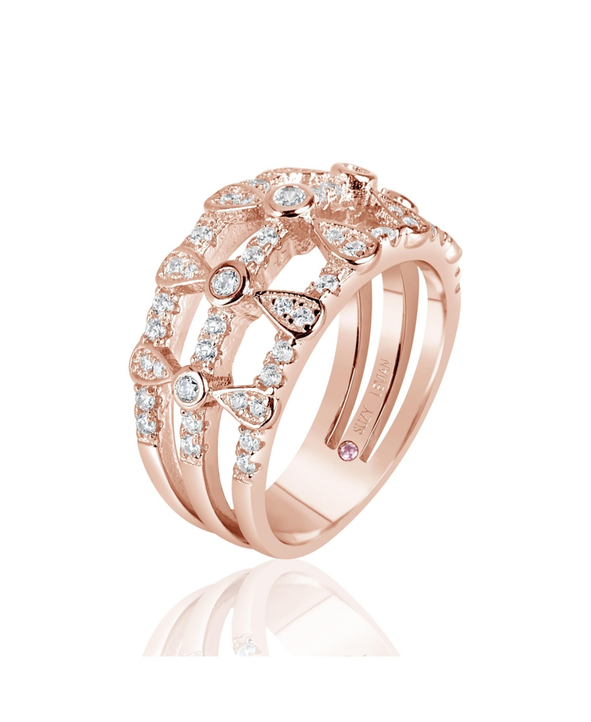 Suzy Levian New York Suzy Levian Rose Sterling Silver Cubic Zirconia Three Row Multi-Shape Ring