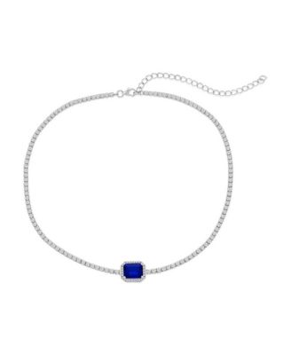 Sterling Silver Asscher-Cut CZ Tennis Choker (Blue Or Red)