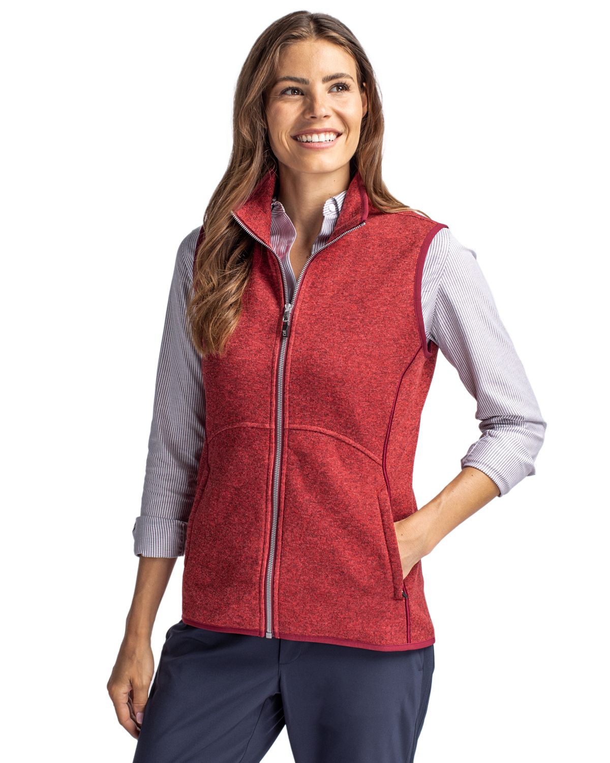 Plus Size Mainsail Women Sweater Knit Full Zip Vest - Cardinal red heather