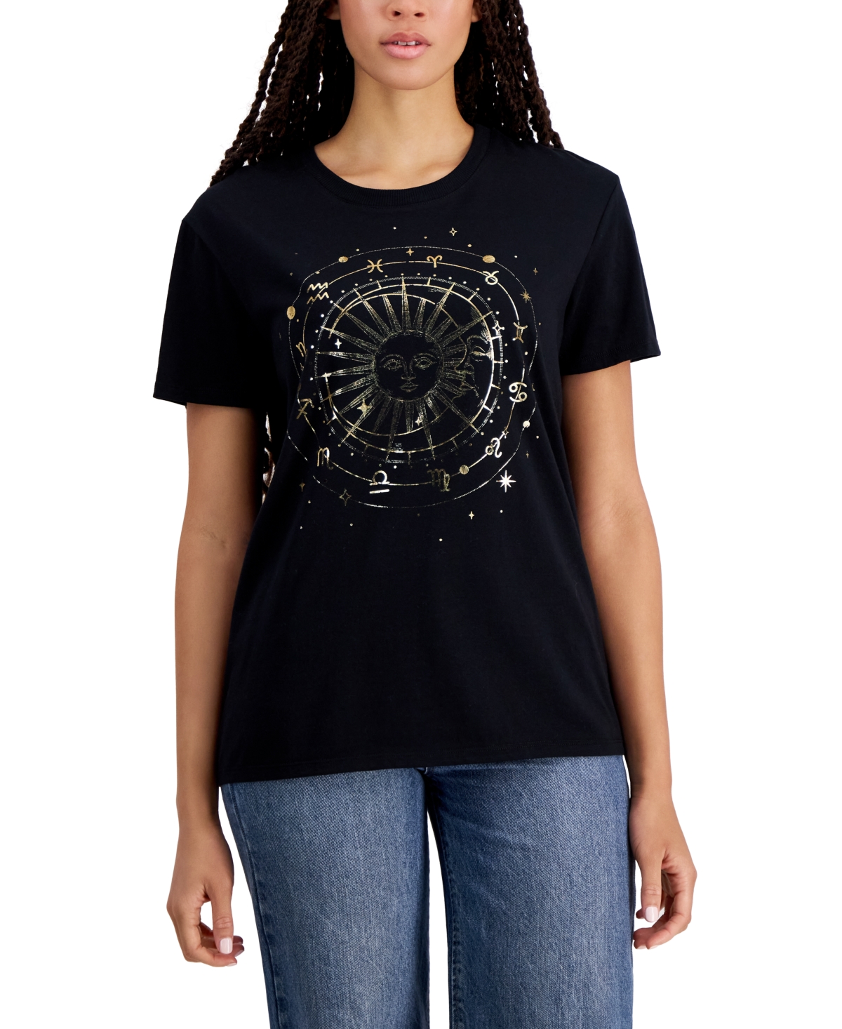 Shop Self Esteem Juniors' Celestial-foil-print Crewneck T-shirt In Black