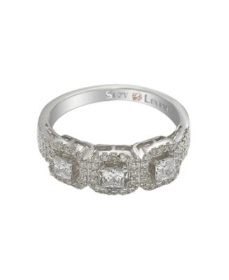 Suzy Levian Sterling Silver Cubic Zirconia 3-Stone Asscher-Cut Band Ring