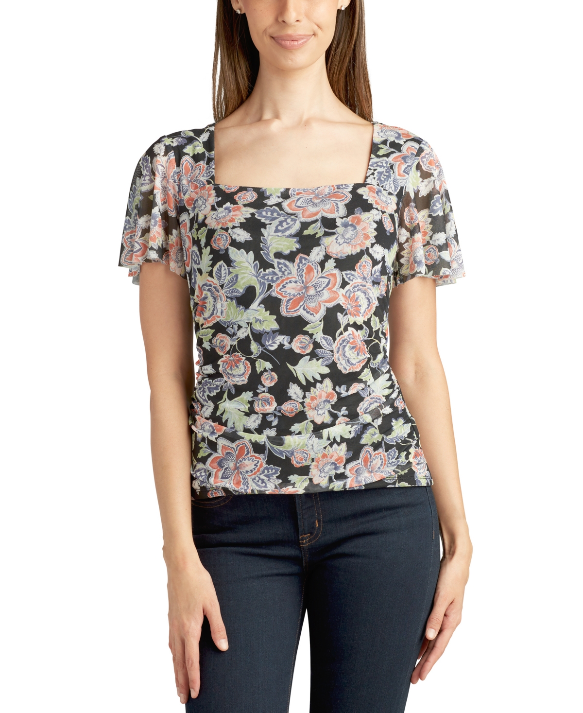 Bcx Juniors' Floral-print Ruched Flutter-sleeve Top In Pat B