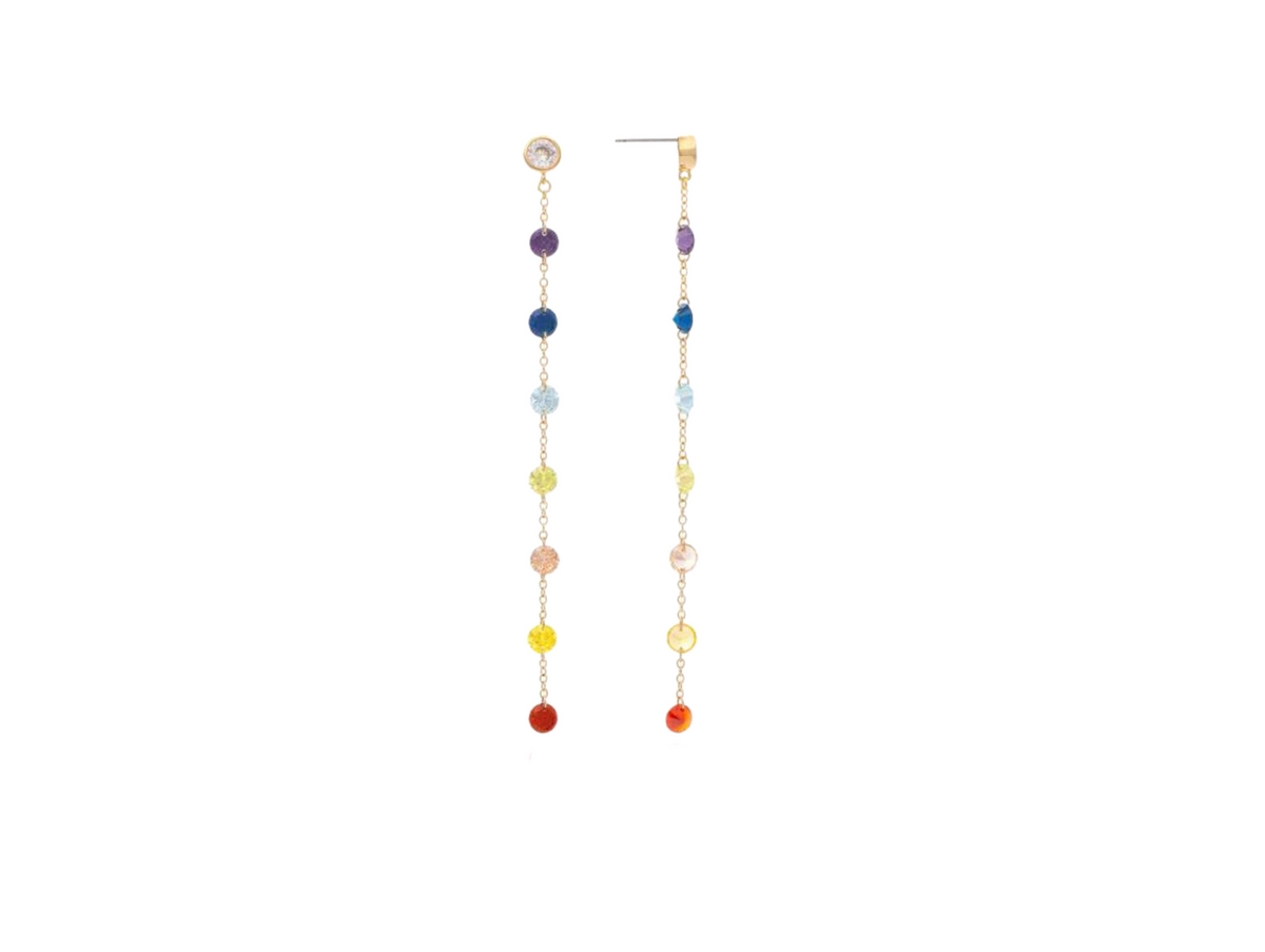 Multi Crystal Chain Drop Earrings - Gold with multi color crystals