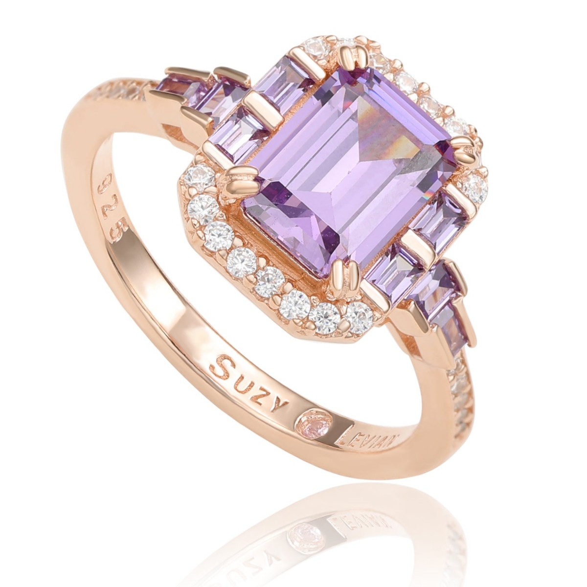 Suzy Levian New York Suzy Levian Sterling Silver Emerald Cut Cubic Zirconia Multi-Cut Center Stone Ring