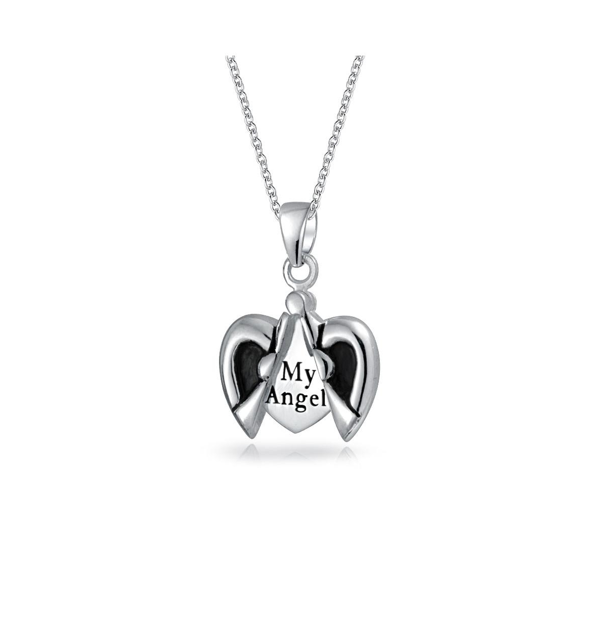 Inspirational My Angel Word Opening Heart Shape Angel Wing Locket Pendant Necklace .925 Sterling Silver