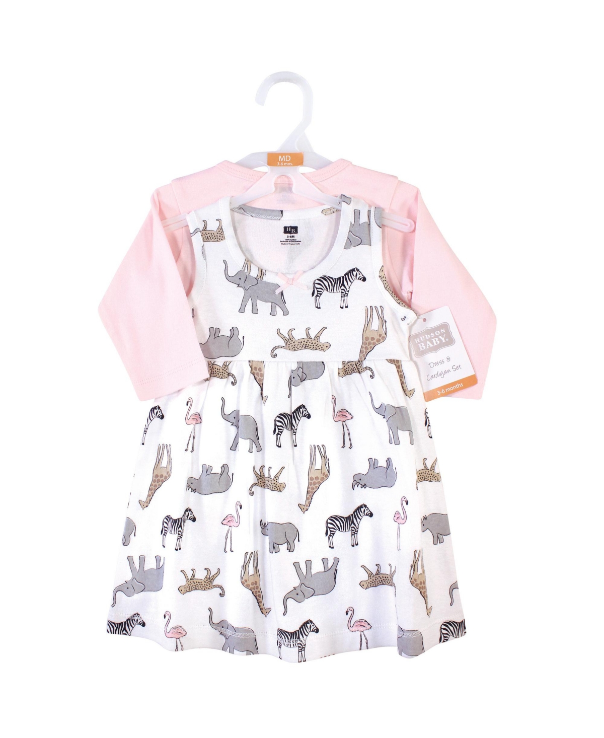 Hudson Baby Toddler Girls Cotton Dress and Cardigan 2pc Set,- Modern pink safari