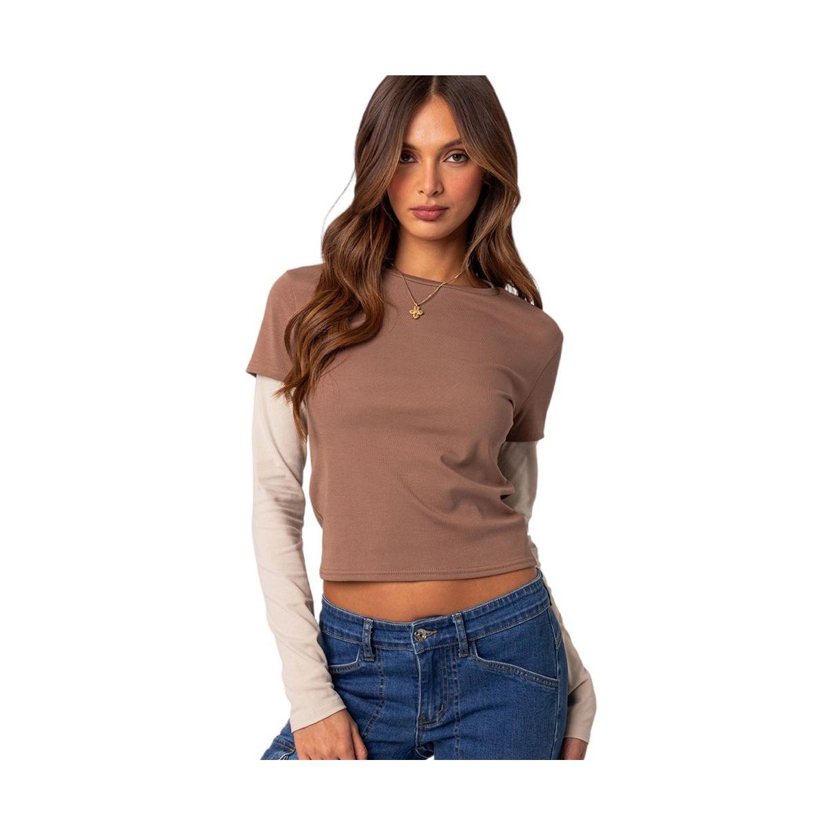 Edikted Mood Layered Long Sleeve T-shirt In Brown