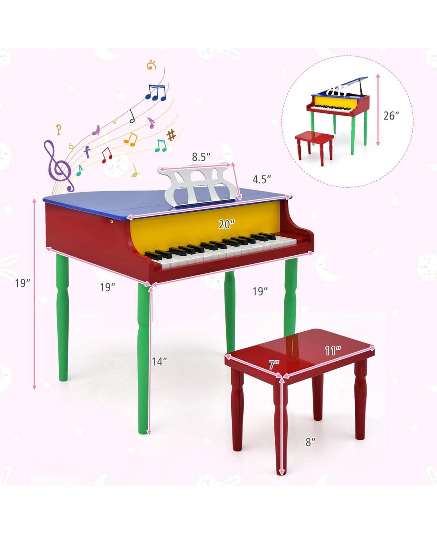 Детские игрушки Costway 30-Key Classic Baby Grand Piano Musical 3-Piece Set, Ages 3+, цвет: Assorted Pre-Pack — фото 3
