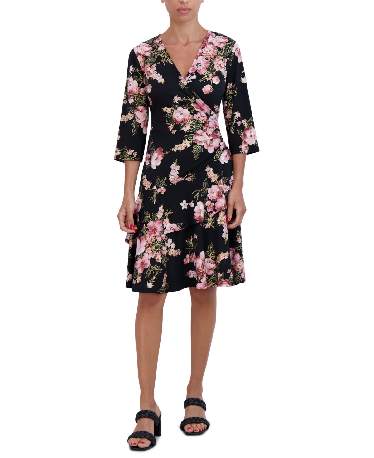 Petite Floral Ruffle-Skirt 3/4-Sleeve Dress - Black Multi