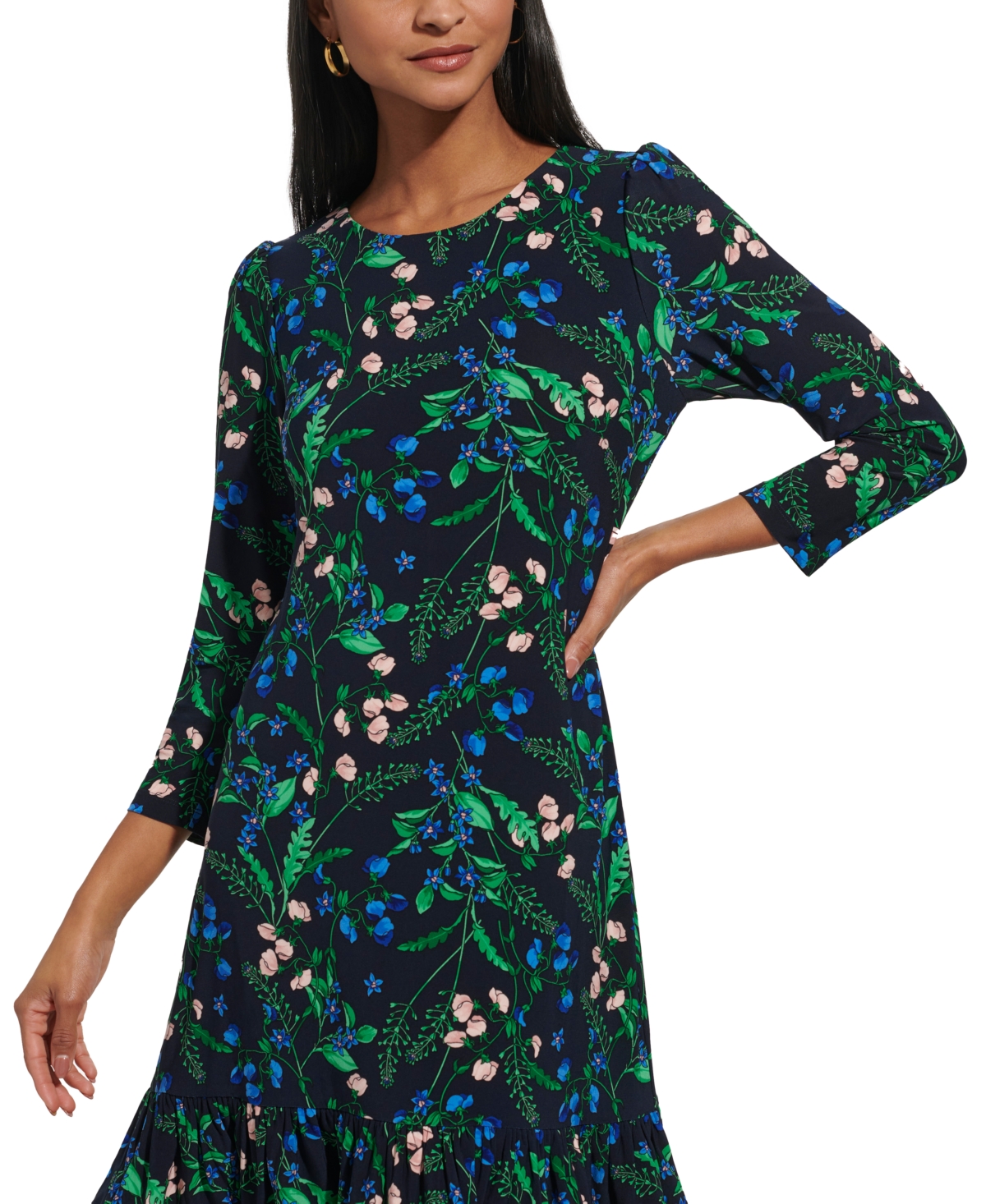 Tommy Hilfiger Women's 3/4-sleeve Ruffle-hem Dress In Jolly Green Multi