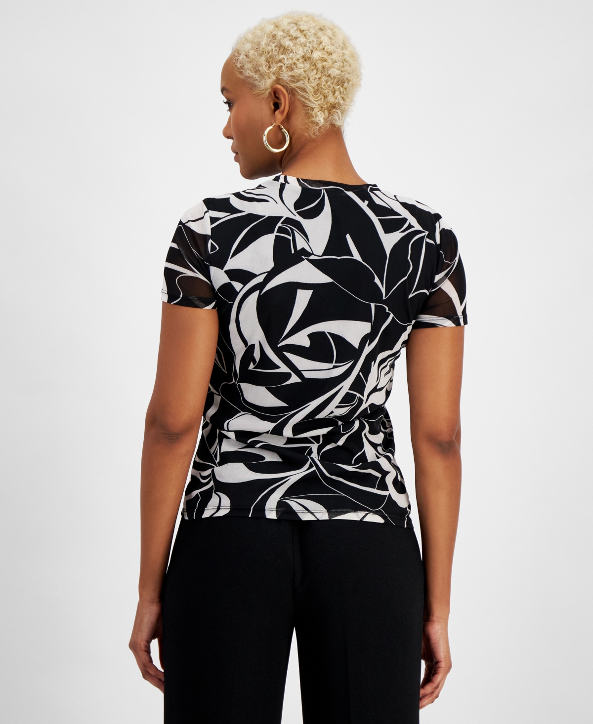 Shop Bar Iii Women's Abstract-print Mesh Top, Created For Macy's In Black,bar White
