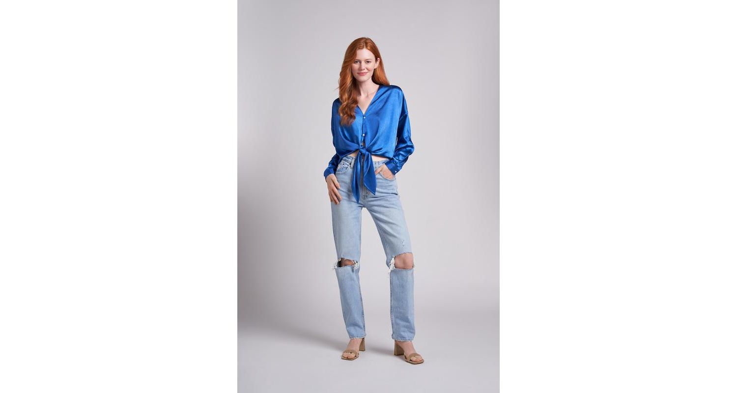 Women's Emma Oversized Crinkled Satin Button and Tie Front Cropped Blouse