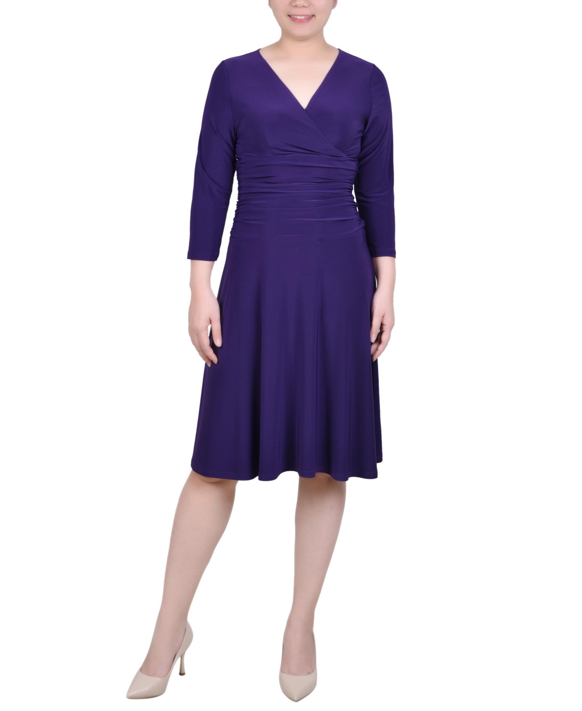 Ny Collection Petite 3/4 Sleeve Rouched-waist Dress In Grape