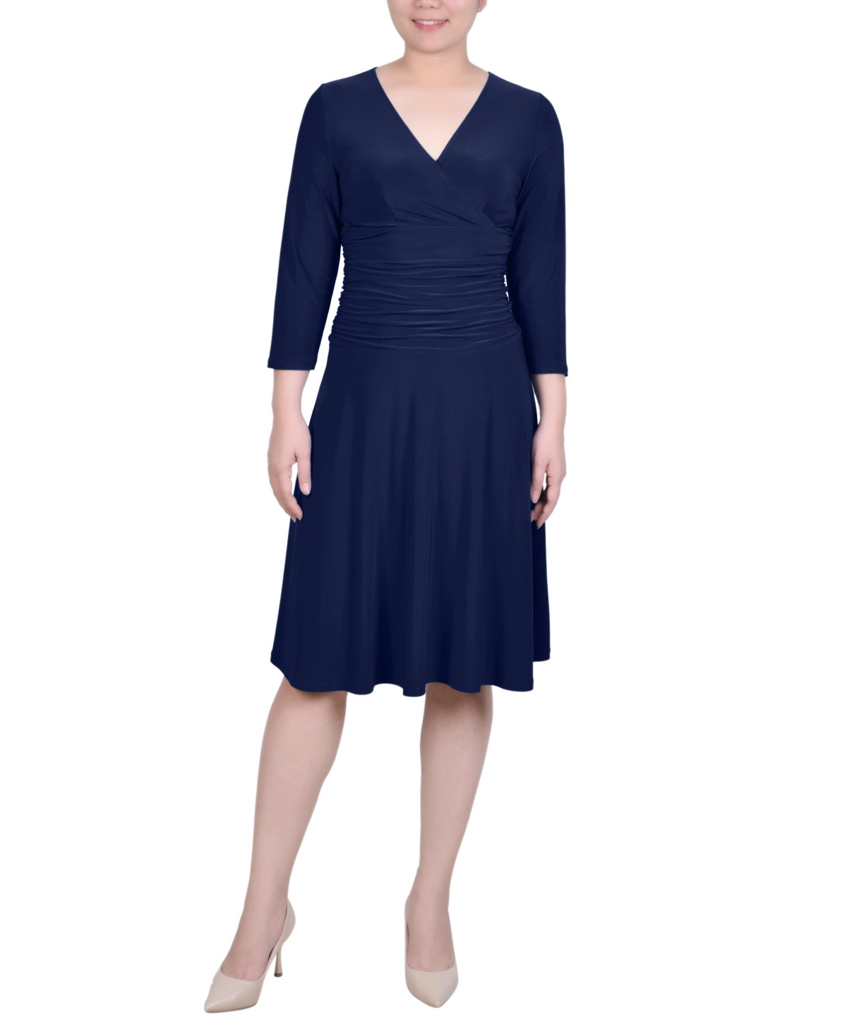 Ny Collection Petite 3/4 Sleeve Rouched-waist Dress In Navy