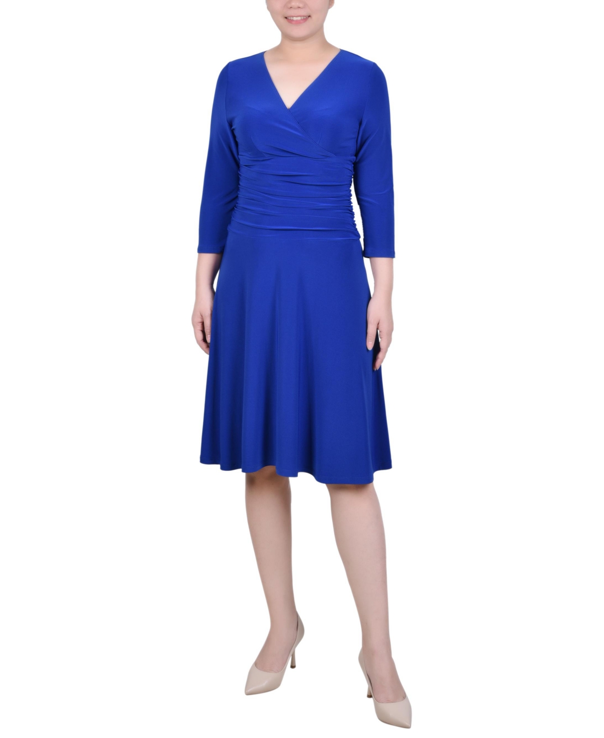 Ny Collection Petite 3/4 Sleeve Rouched-waist Dress In Royal