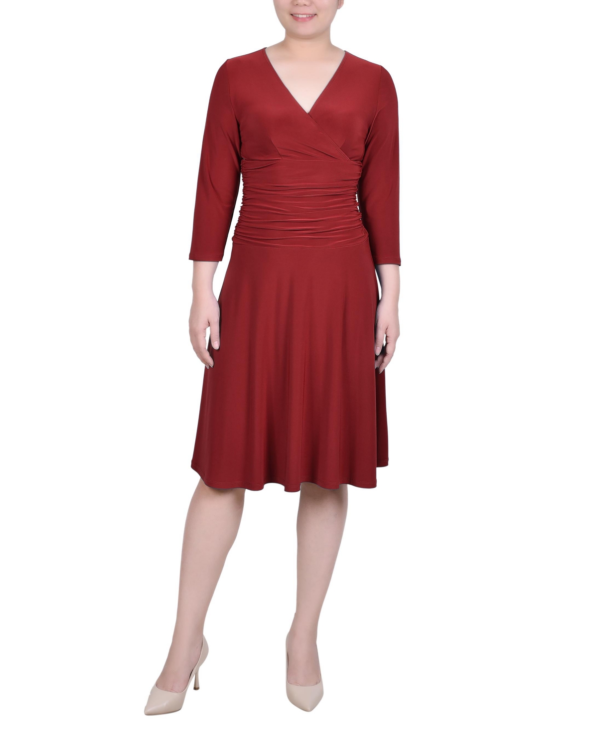 Ny Collection Petite 3/4 Sleeve Rouched-waist Dress In Burgundy