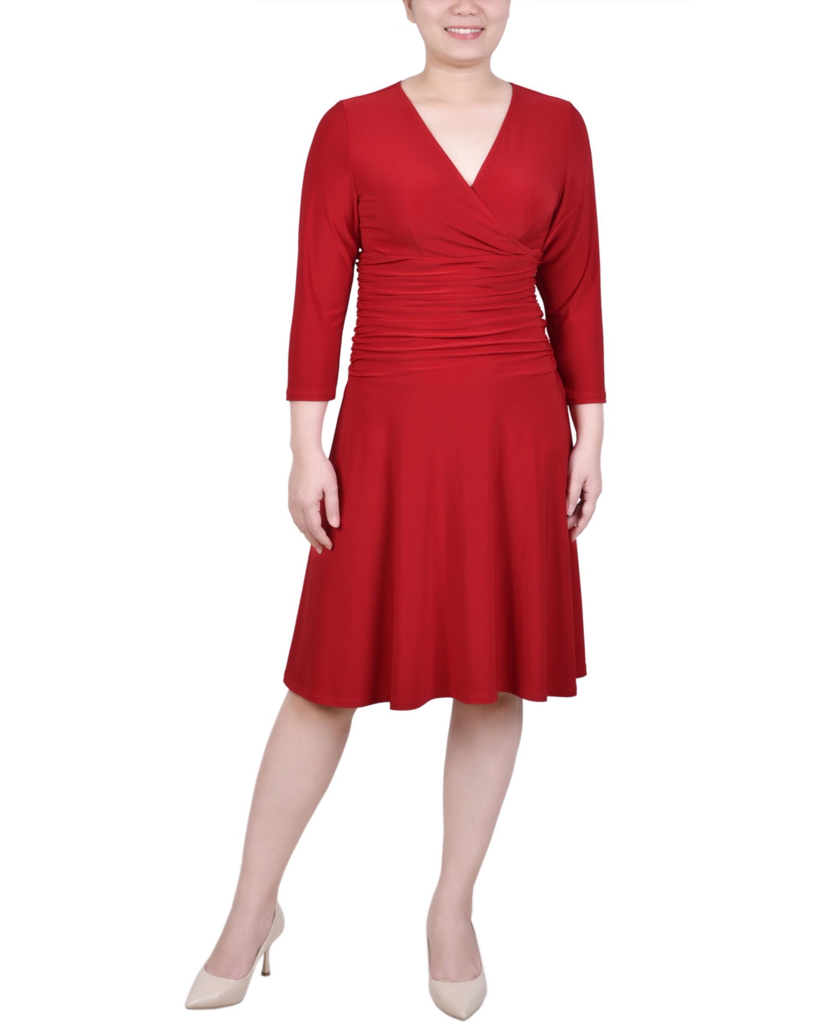 Ny Collection Petite 3/4 Sleeve Rouched-waist Dress In Cherry Red