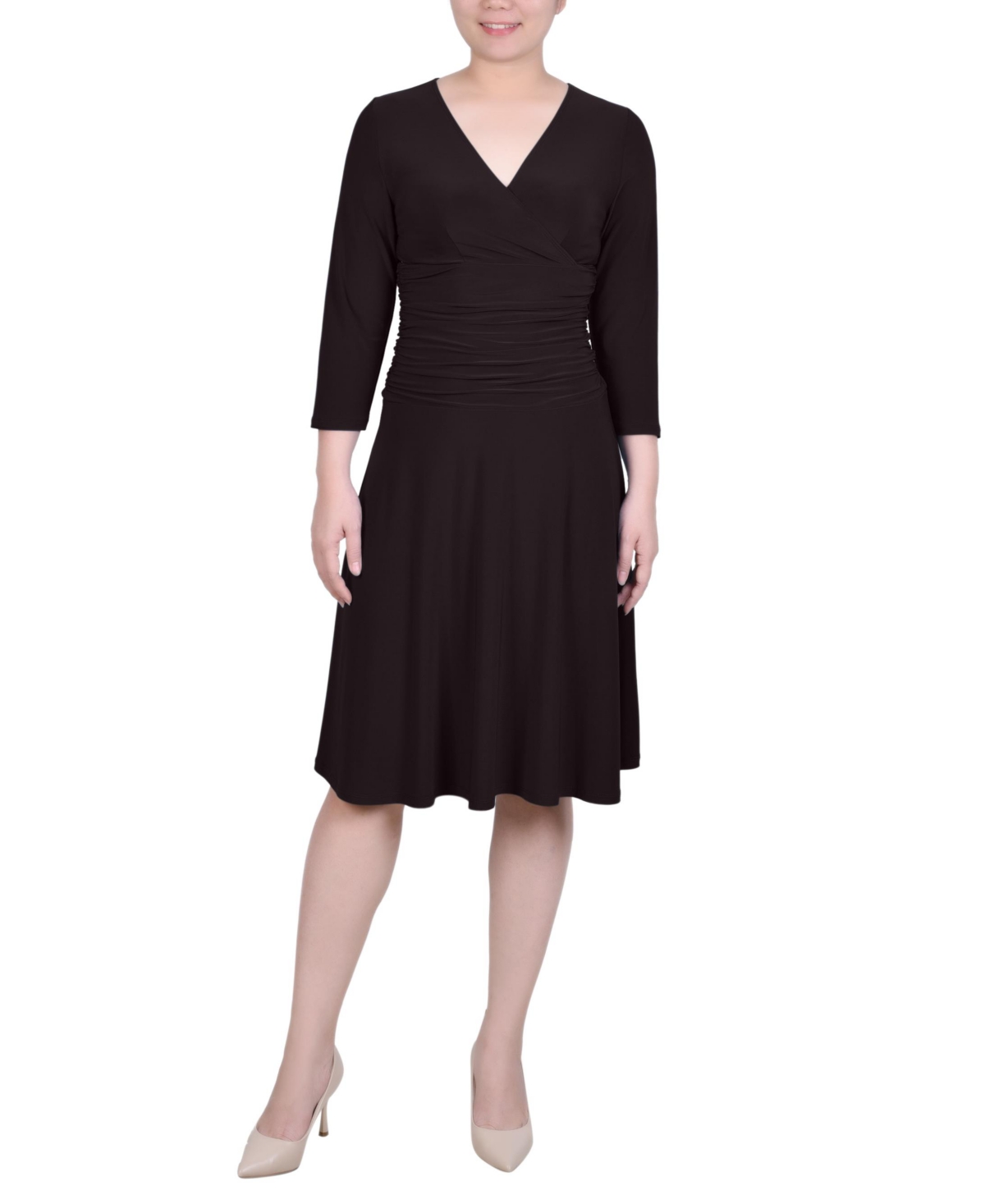 Ny Collection Petite 3/4 Sleeve Rouched-waist Dress In Espresso