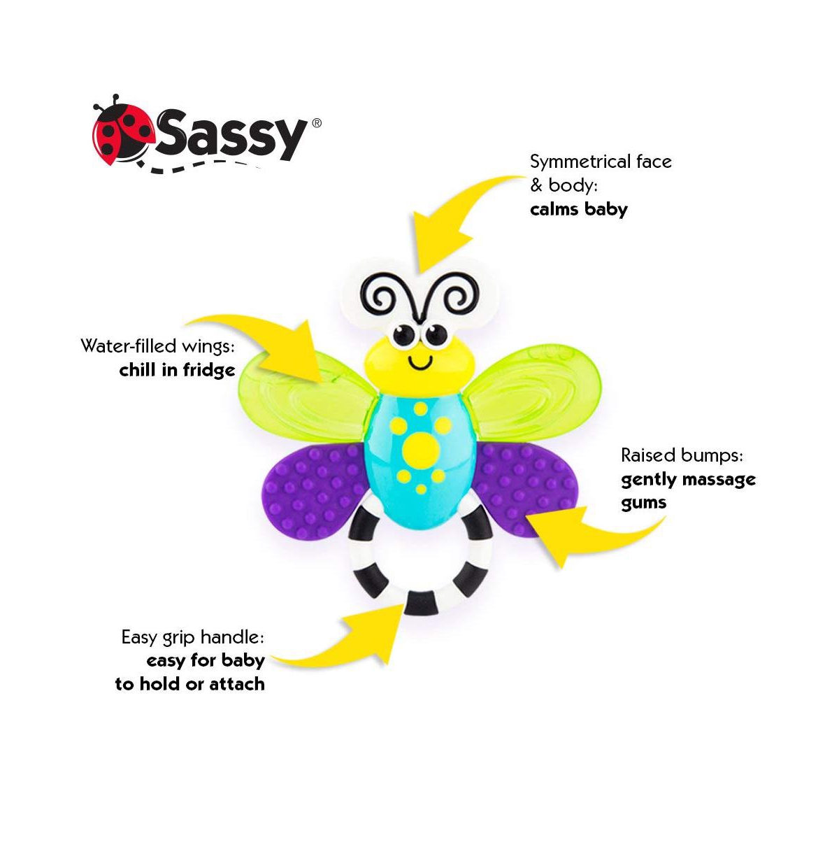 Sassy Flutterby Water-Filled Teether, Variety of Textures Massage Gums - Assorted Pre-Pack