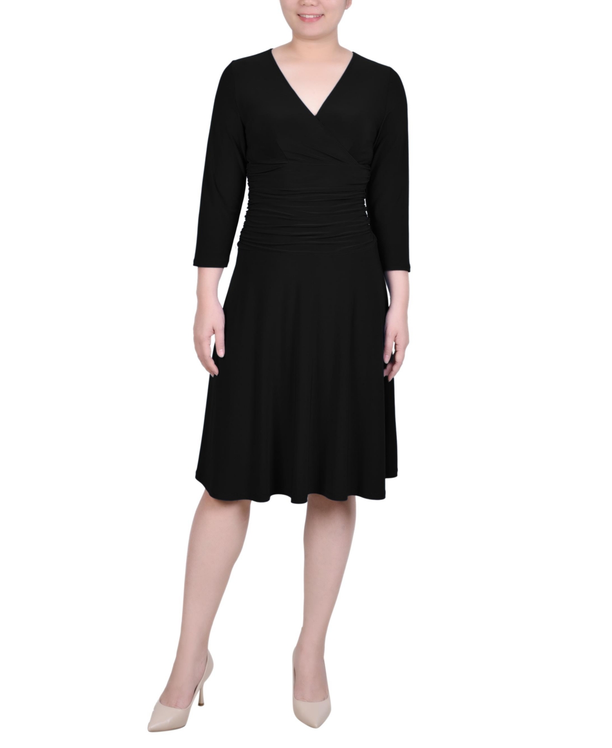 Ny Collection Petite 3/4 Sleeve Rouched-waist Dress In Black