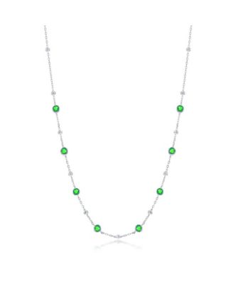 Sterling Silver Bezel-Set CZ & Bead Station Necklace (White, Green, Blue, Or Red)