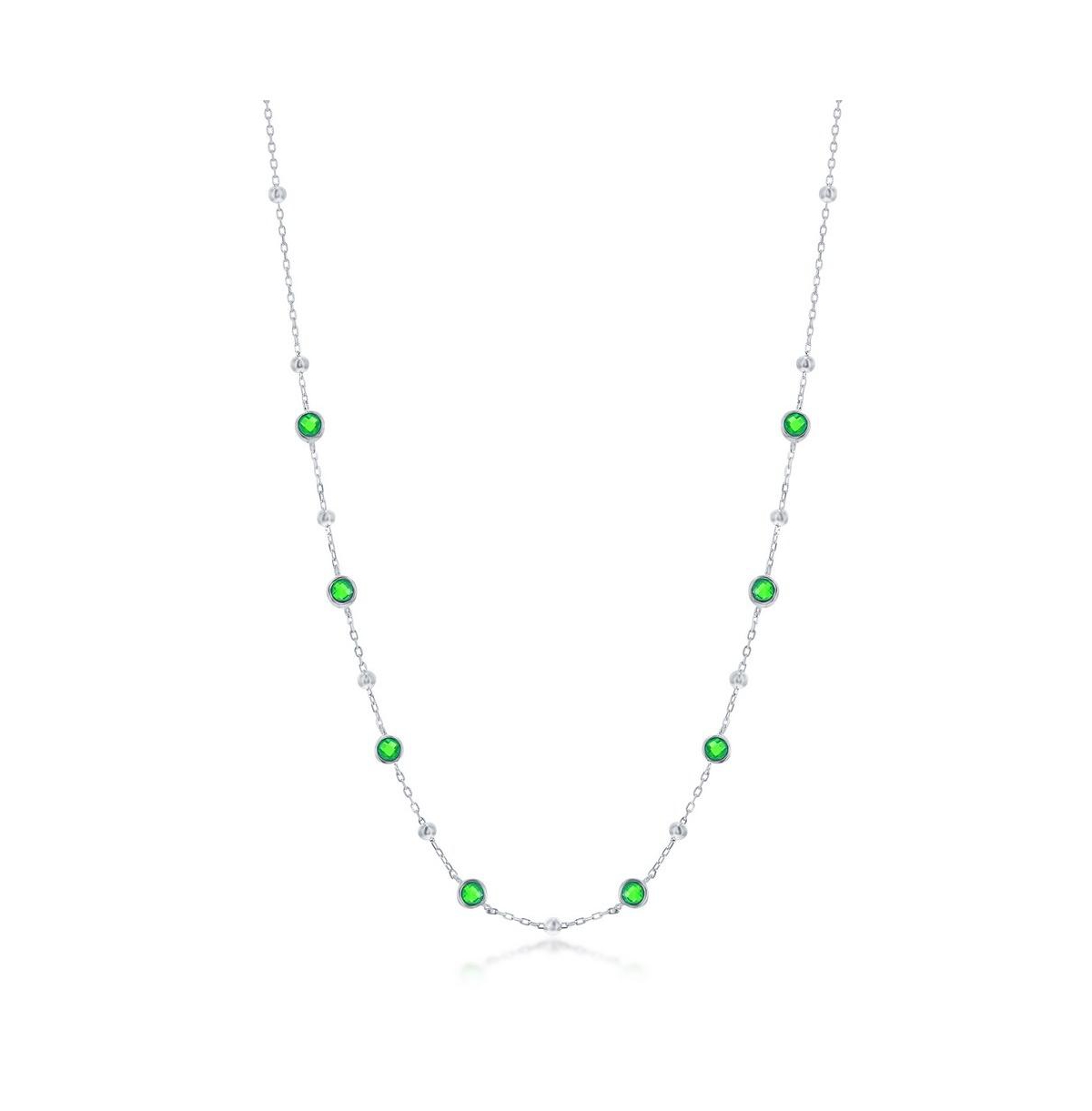Sterling Silver Bezel-Set Cz & Bead Station Necklace (White, Green, Blue, Or Red)