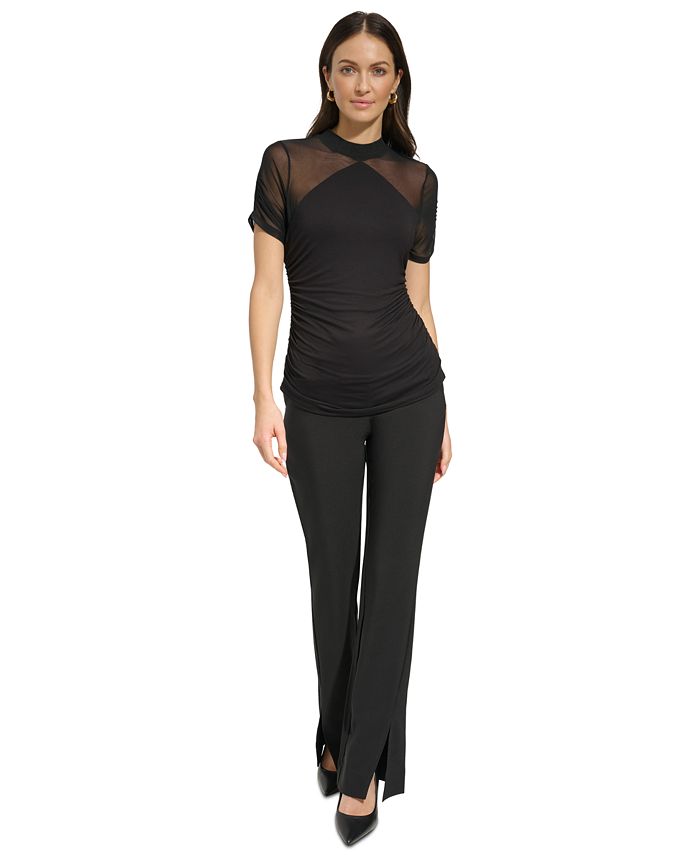 MESH SLEEVE MOCK NECK PULLOVER