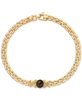 Macy's - Onyx & White Topaz (1/10 ct. t.w.) "X" Panther Link Bracelet in 14k Gold-Plated Sterling Silver