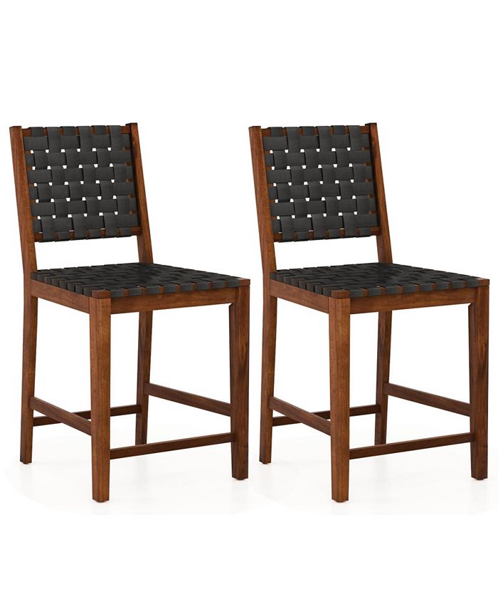 Costway Woven Bar Stools Set of 2 Counter Height Dining Chairs Faux PU