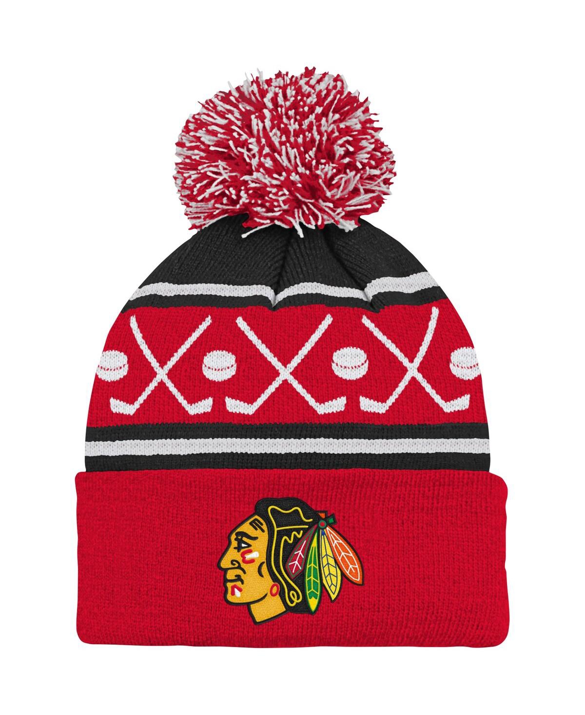Outerstuff Youth Boys And Girls Red Chicago Blackhawks Face-off Cuffed Knit Hat With Pom In Red