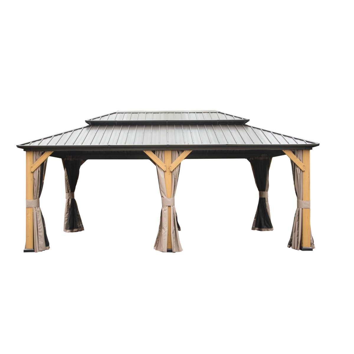 Cedar and Steel Hardtop Gazebo with Curtains - Brown