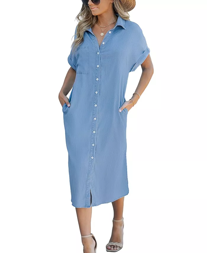 Women's Denim Short Sleeve Button Down Cover Up Dress - thumbnail 4