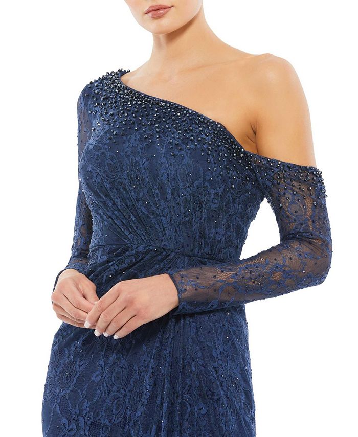 Mac Duggal Women's Draped Jewel Encrusted Lace Drop Shoulder Gown - Macy's