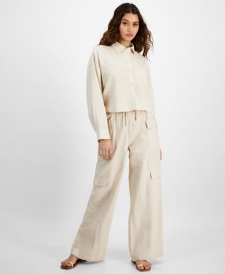 Womens Oversized Button Front Shirt High Rise Drawstring Cargo Pants