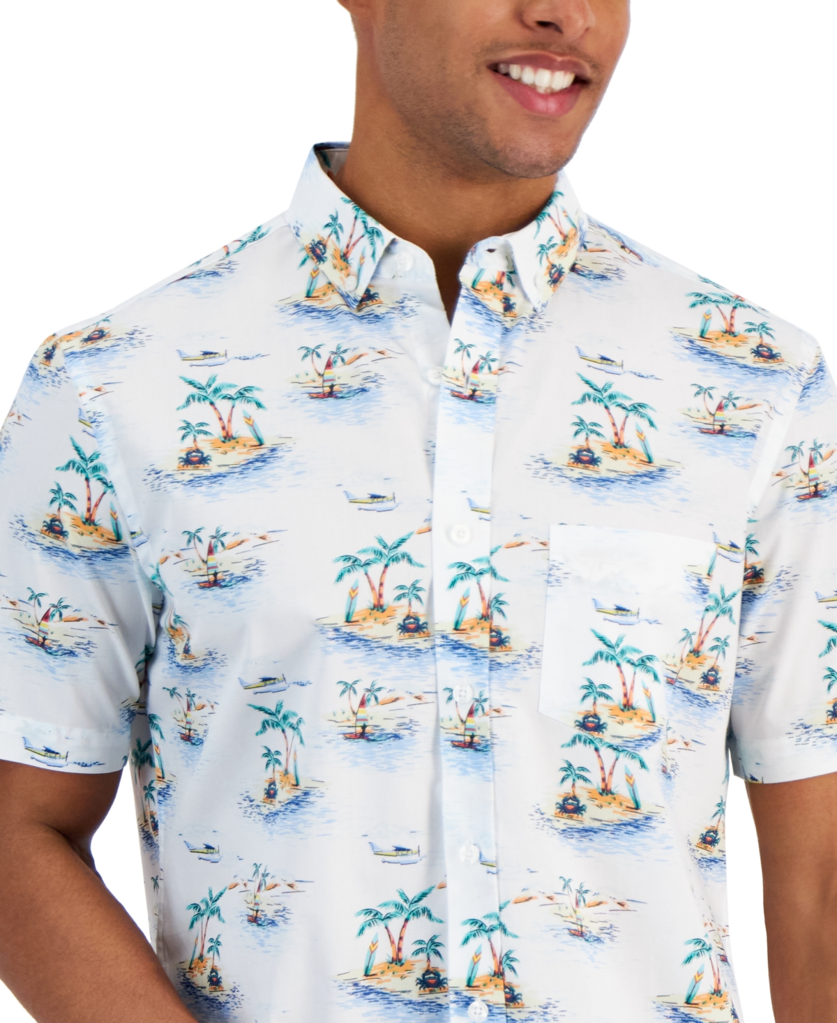Shop Club Room Men's Palm-tree Islands Graphic Shirt, Created For Macy's In Bright White