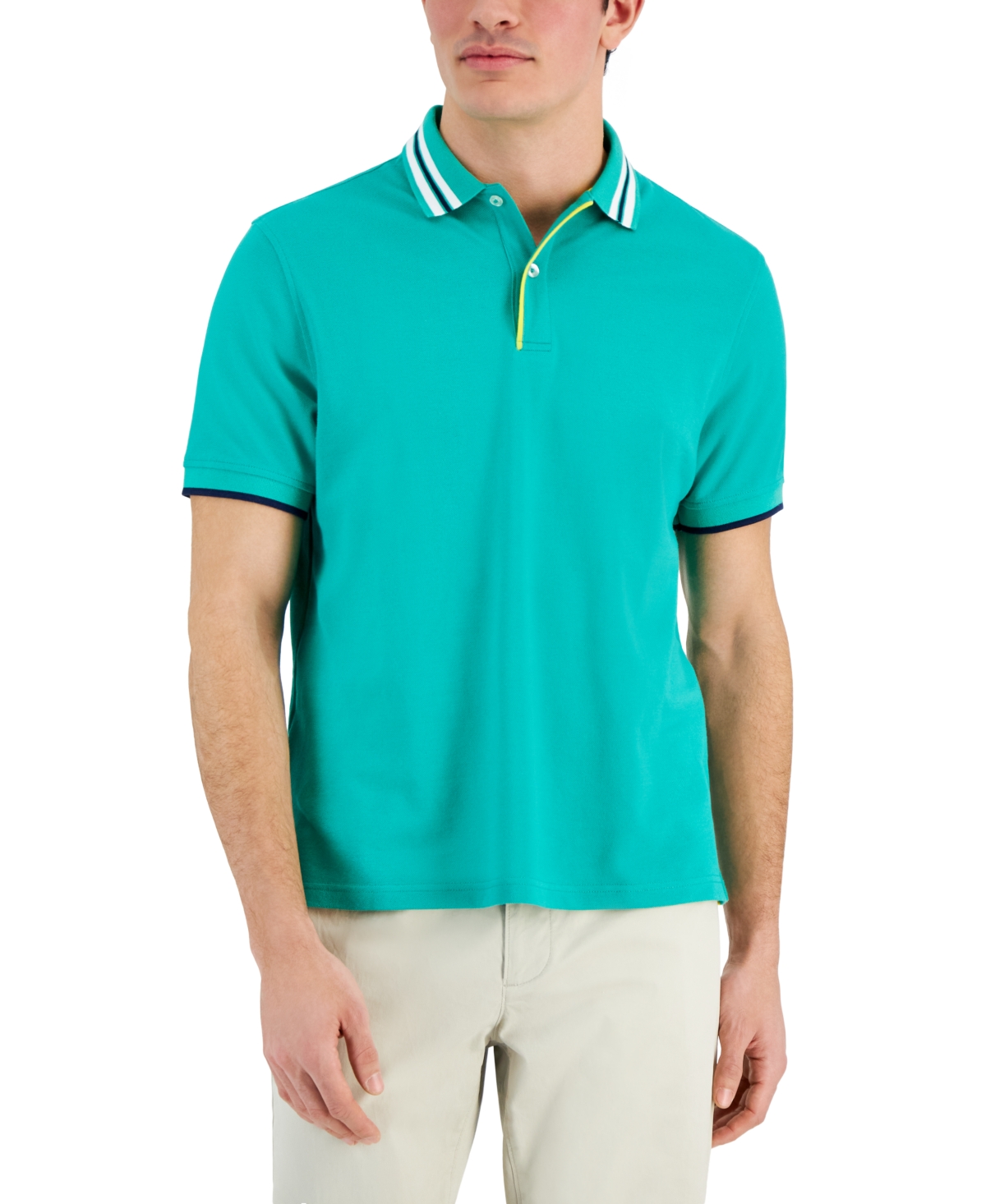 Men's Short Sleeve Striped-Collar Pique Polo Shirt, Created for Macy's - Navy Blue