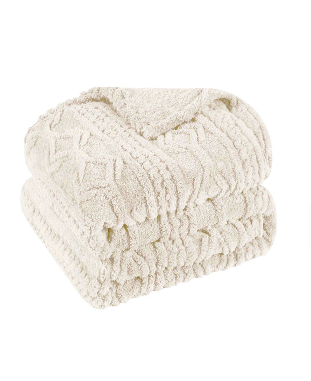 Superior Boho Knit Jacquard Fleece Plush Fluffy Blanket, Twin In Ivory