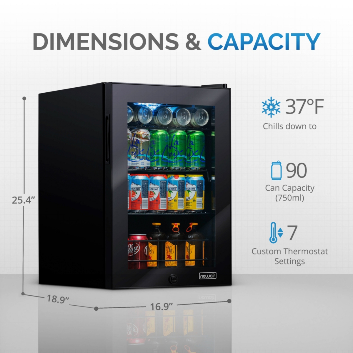 Newair Beverage Refrigerator Cooler, 90 Can Capacity Fridge in Black, Adjustable Shelves and Glass Door with Lock, Small Refrigerator, Beer Wine or So