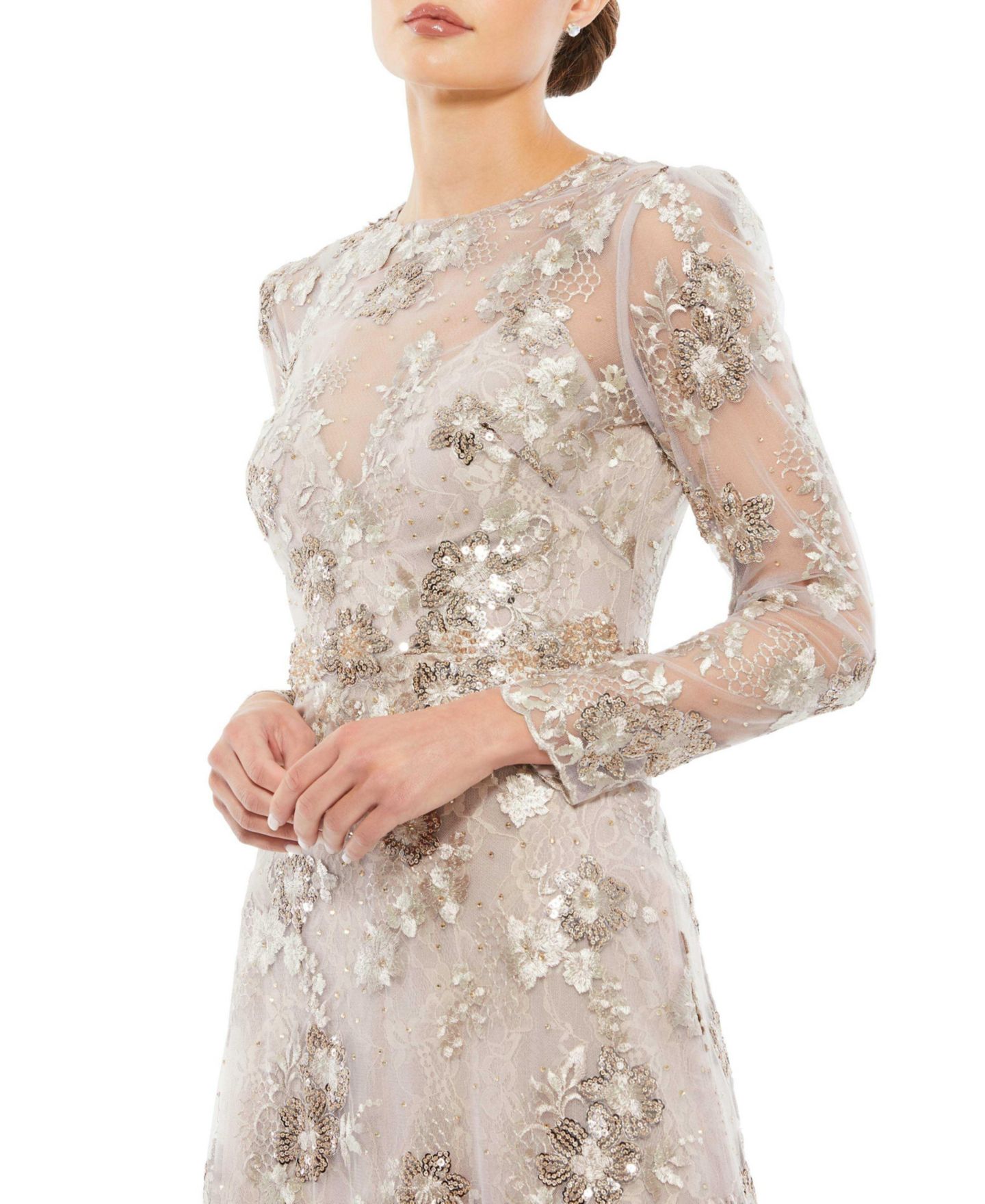 Женское вечернее платье Mac Duggal с цветочной вышивкой и длинным рукавом, цвет: Мокко — фото 3