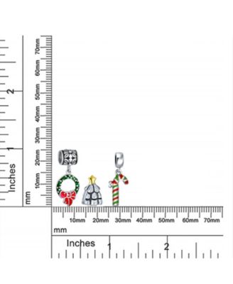 Christmas Tree Set of 3 Wreath Candy Cane Holiday Dangling Enamel Green Elf Charm Bead Sterling Silver For European Bracelet