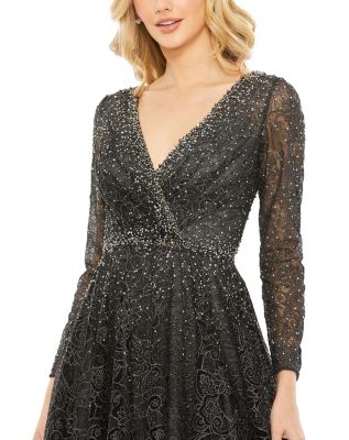 Mac Duggal Women's Embellished Illusion Long Sleeve V Neck