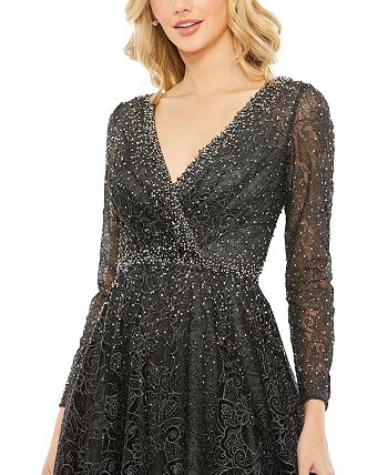 Mac Duggal Women's Embellished Illusion Long Sleeve V Neck Gown - Macy's