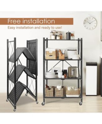 4-Tier Foldable Metal Storage Shelf Unit with Heavy Duty Frame and Kitchen Hooks