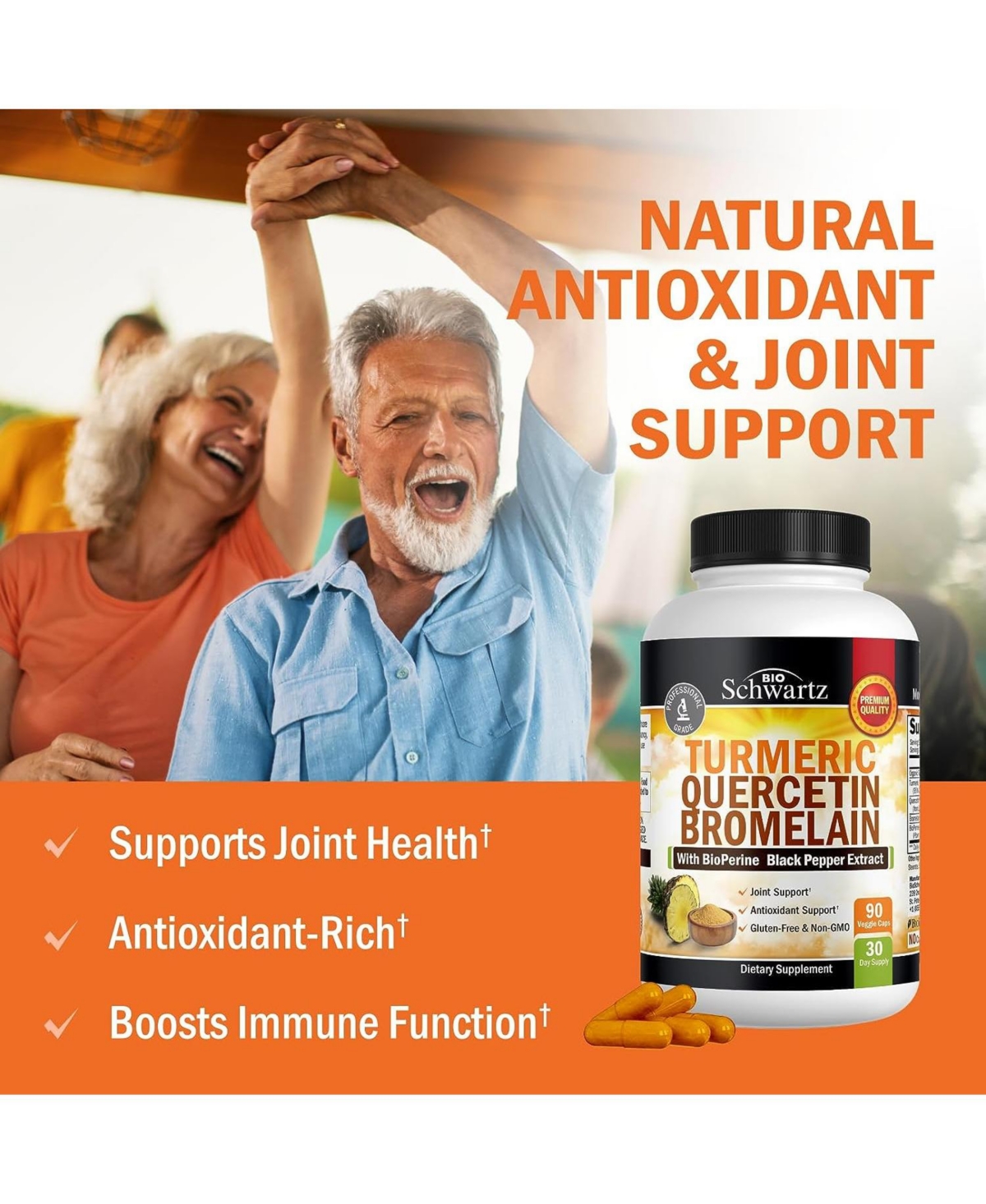 Turmeric Curcumin with BioPerine, Quercetin, Bromelain - Organic Turmeric Supplement - Immune & Joint Support, 90ct