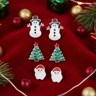 Set of 3 Small Holiday Winter Santa Claus Christmas Tree Snowman Stud Earrings
