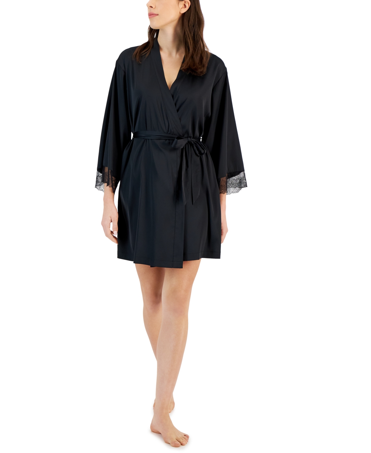 Inc International Concepts Women's Lace-trim Stretch Satin Robe, Created For Macy's In Deep Black