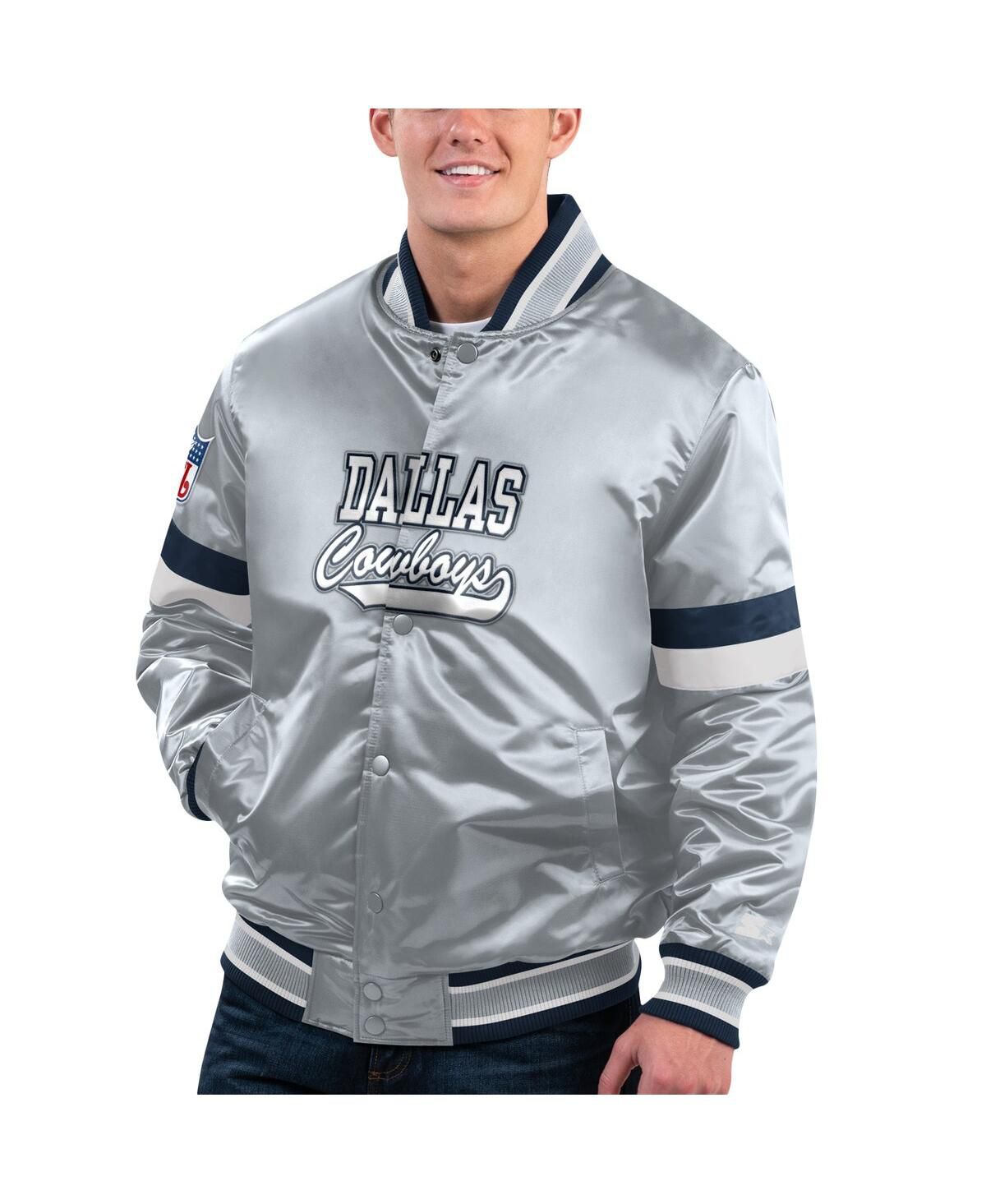 Мужская серая школьная куртка Dallas Cowboys Home Game из атласа на полной застежке