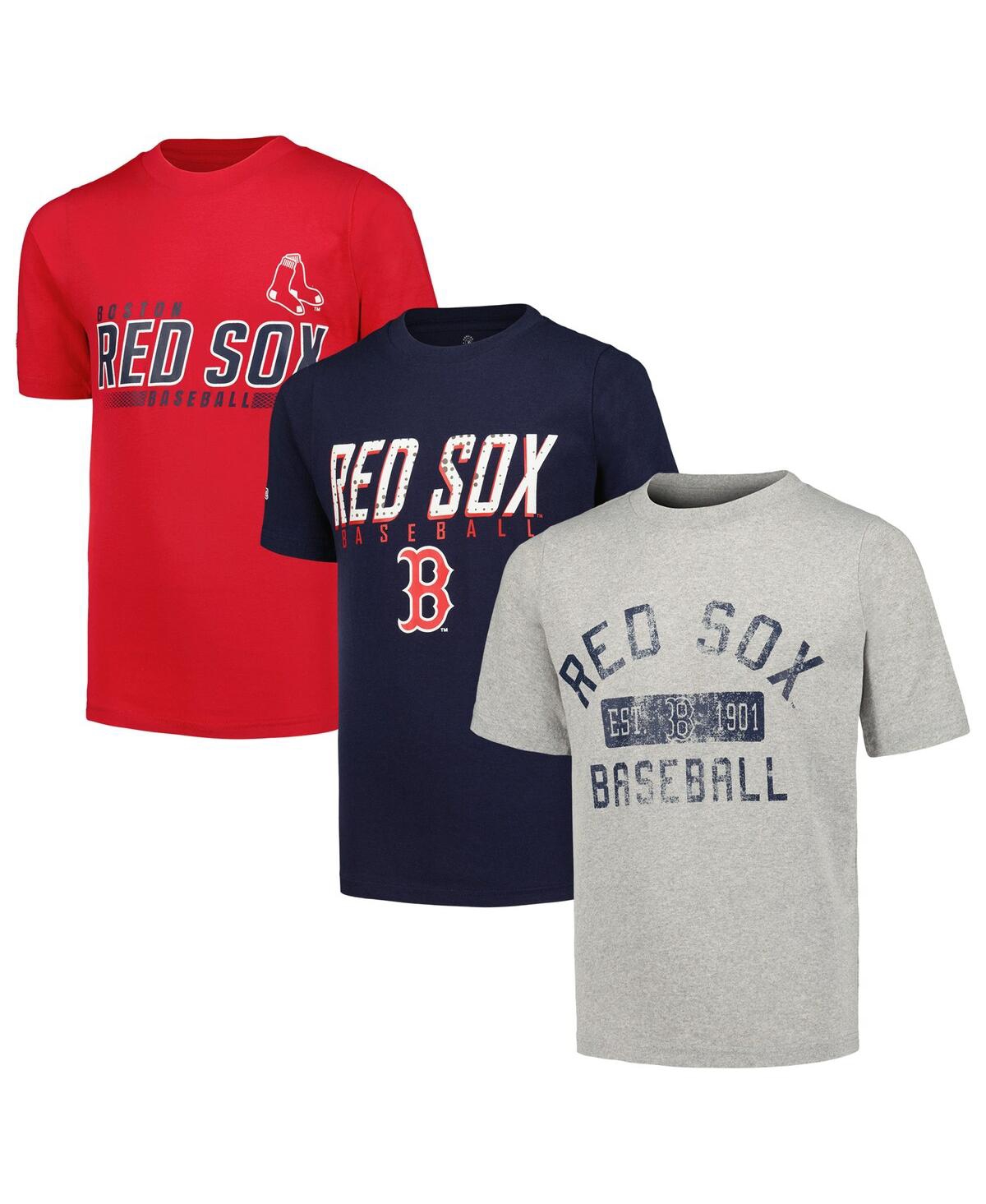 Stitches Kids' Big Boys  Heather Gray, Navy, Red Distressed Boston Red Sox Three-pack T-shirt Set In Heather Gray,navy