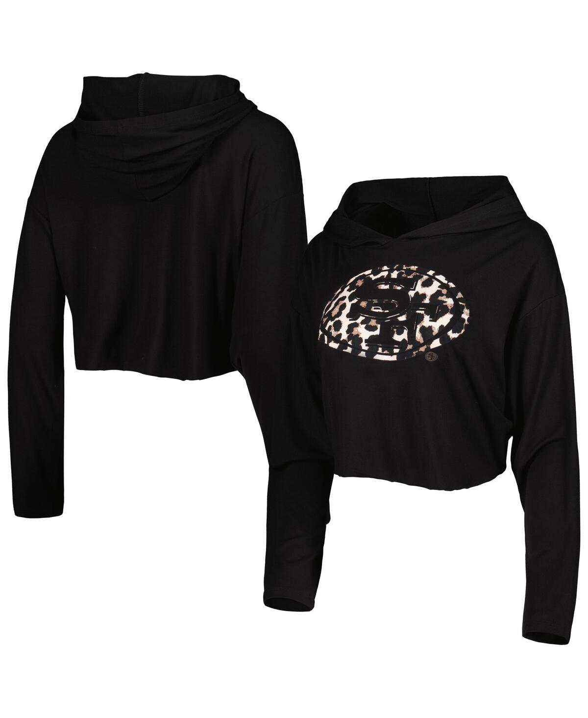 Women's Majestic Threads Black San Francisco 49ers Leopard Cropped Pullover Hoodie - Black